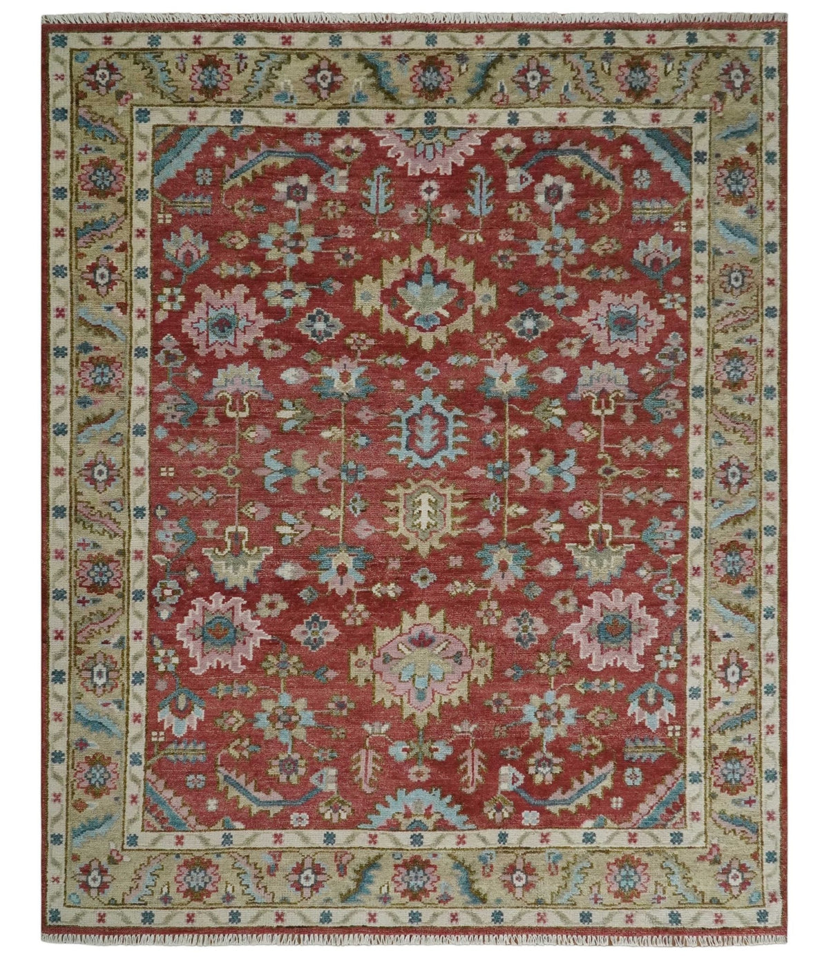 Custom Made Traditional Oushak Rust, Beige and Teal Hand knotted wool Area Rug.