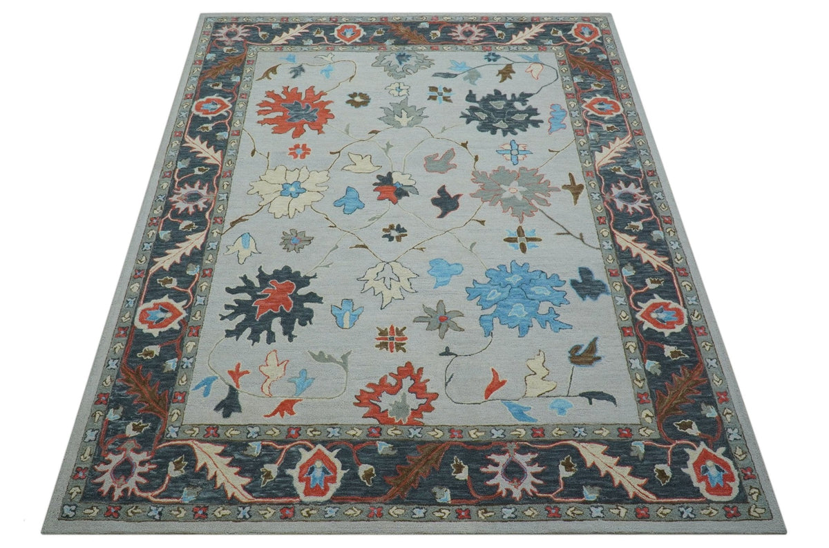 Custom Made Traditional Oushak Silver Hand Tufted Wool Area Rug.
