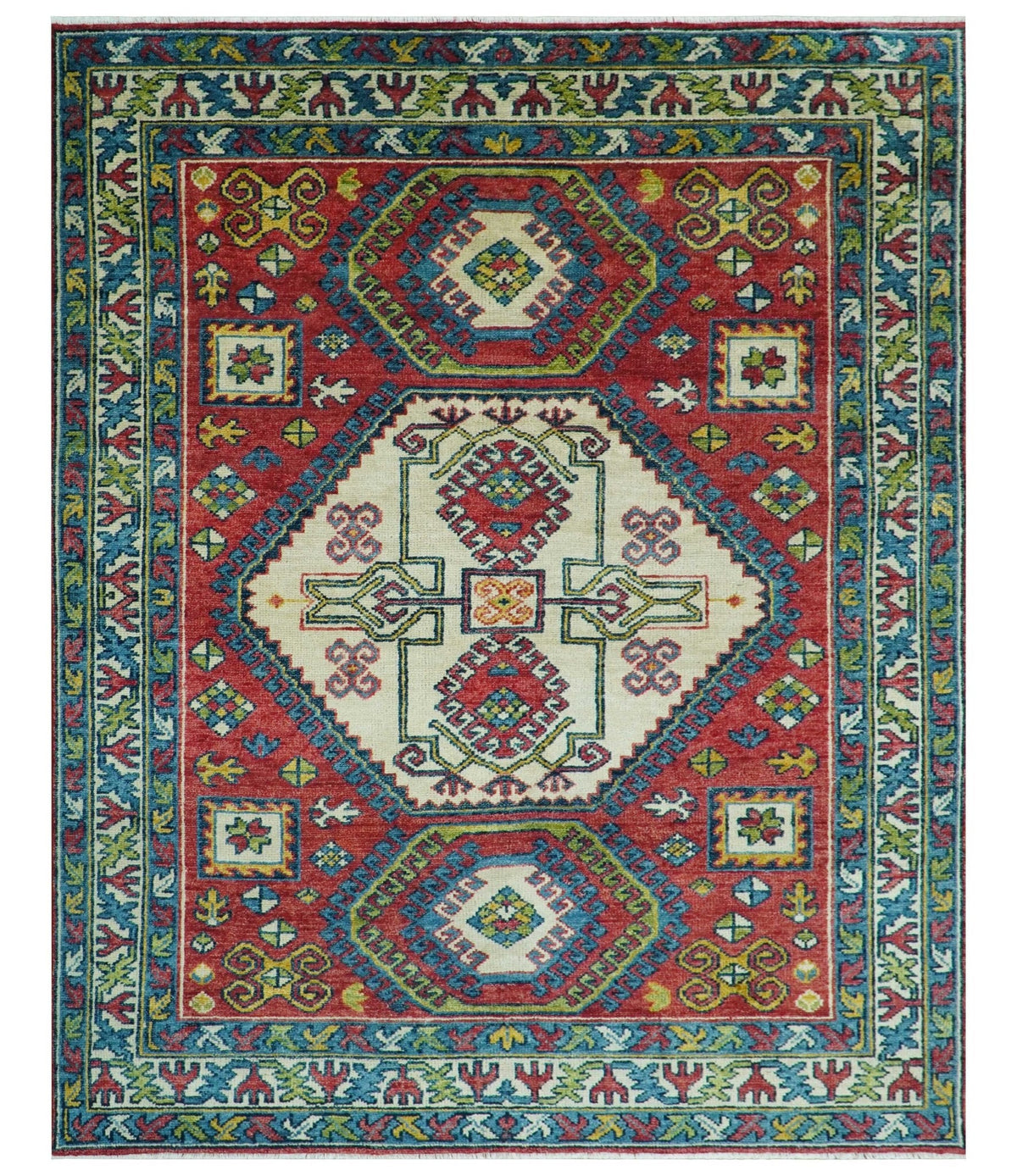 Custom Made Traditional Persian Design Red And Ivory Hand Knotted Wool Rug.