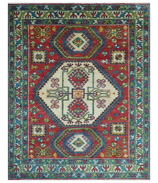Custom Made Traditional Persian Design Red And Ivory Hand Knotted Wool Rug.