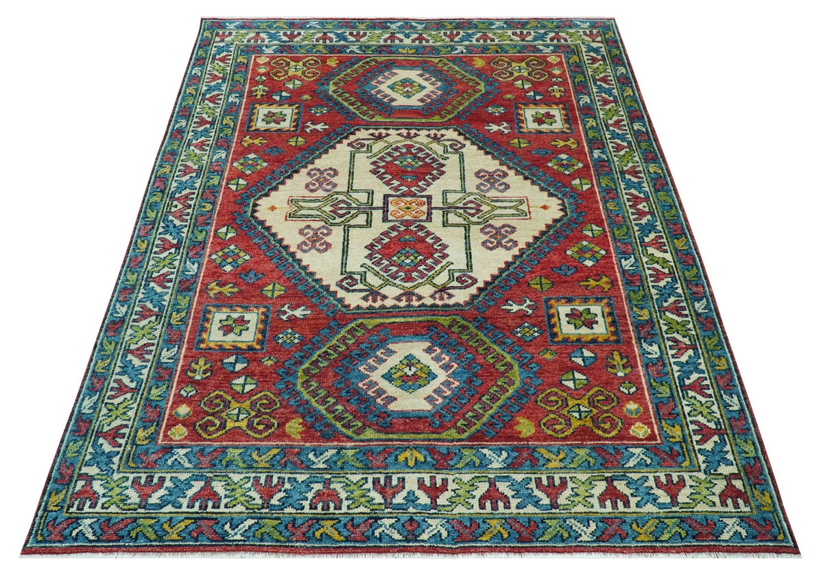 Custom Made Traditional Persian Design Red And Ivory Hand Knotted Wool Rug.