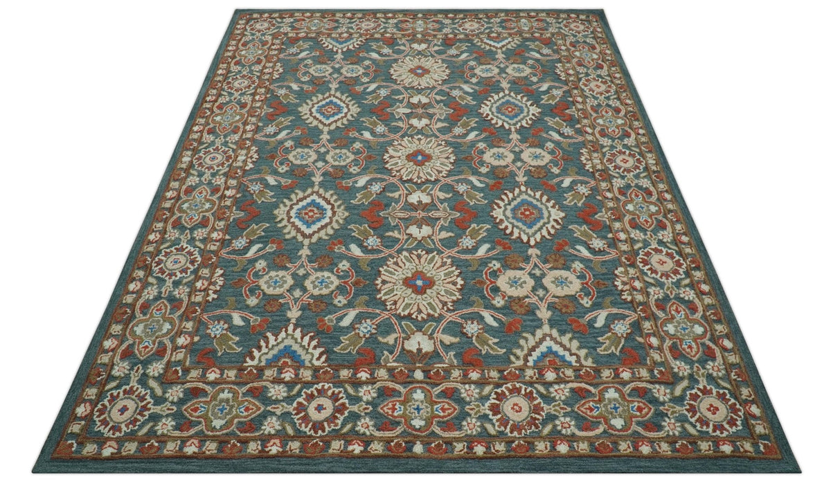 Custom Made Traditional Persian Design Silver, Blue And Rust Hand Tufted Wool Area Rug.