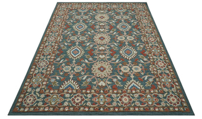 Custom Made Traditional Persian Design Silver, Blue And Rust Hand Tufted Wool Area Rug.