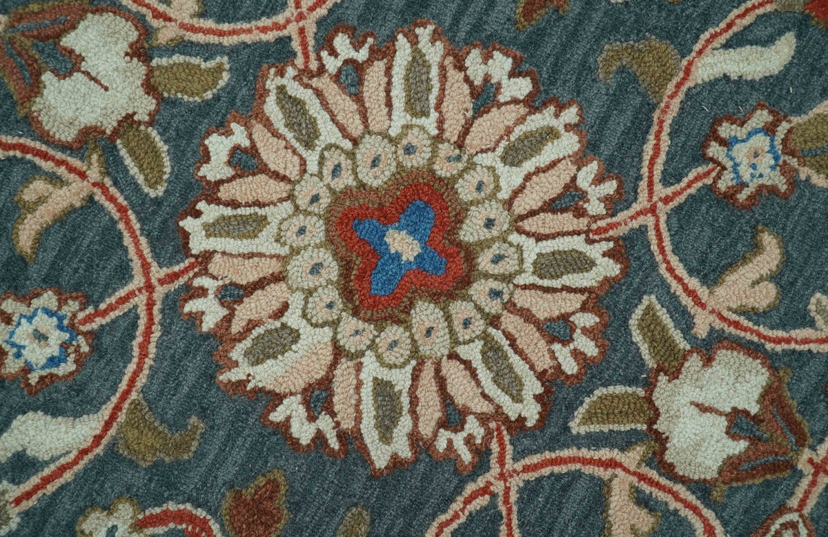 Custom Made Traditional Persian Design Silver, Blue And Rust Hand Tufted Wool Area Rug.