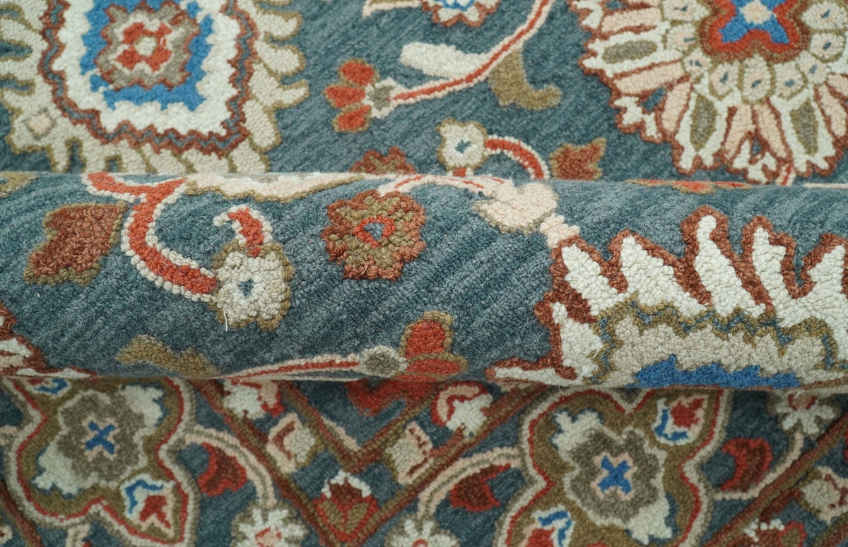 Custom Made Traditional Persian Design Silver, Blue And Rust Hand Tufted Wool Area Rug.