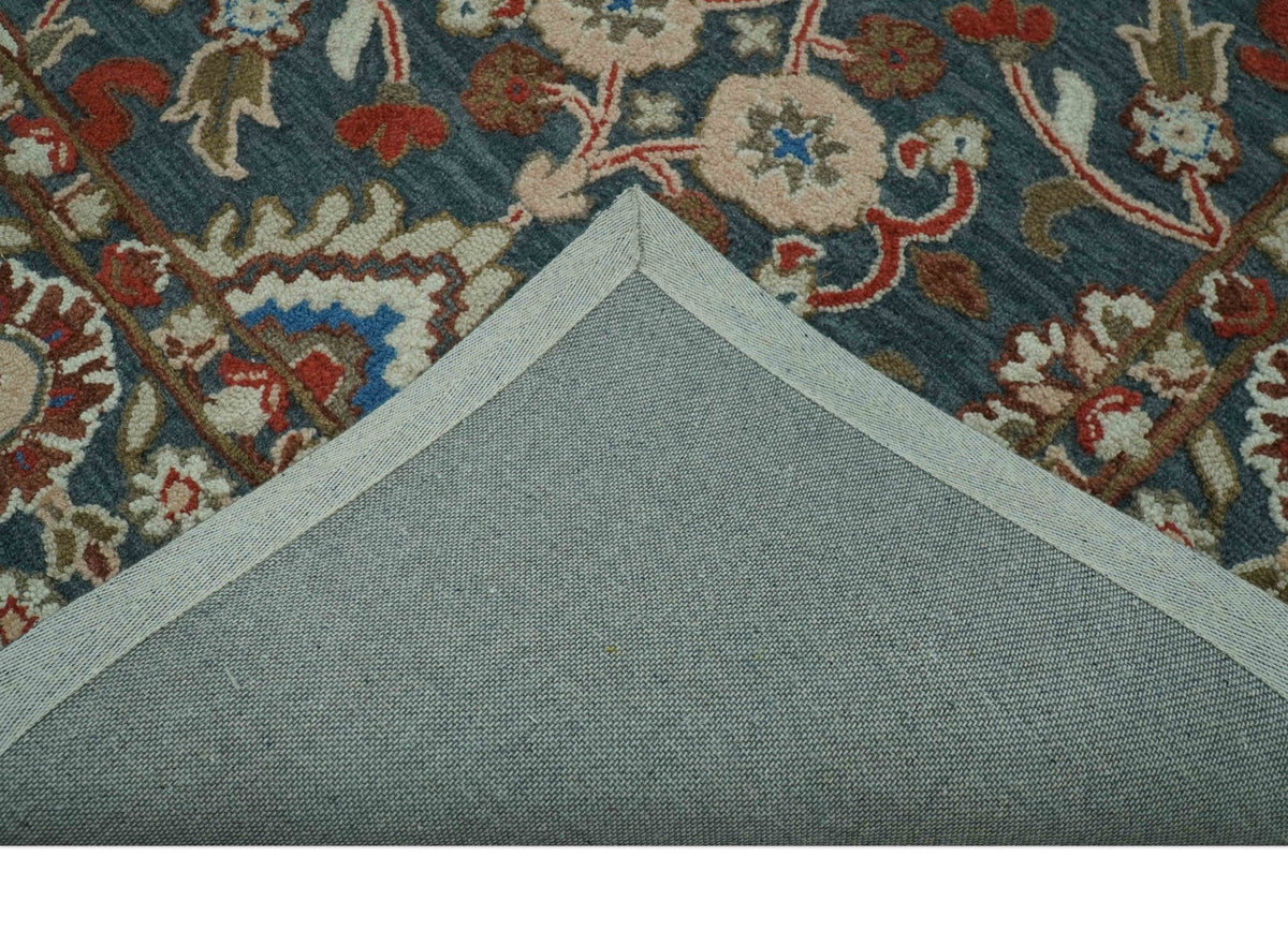 Custom Made Traditional Persian Design Silver, Blue And Rust Hand Tufted Wool Area Rug.