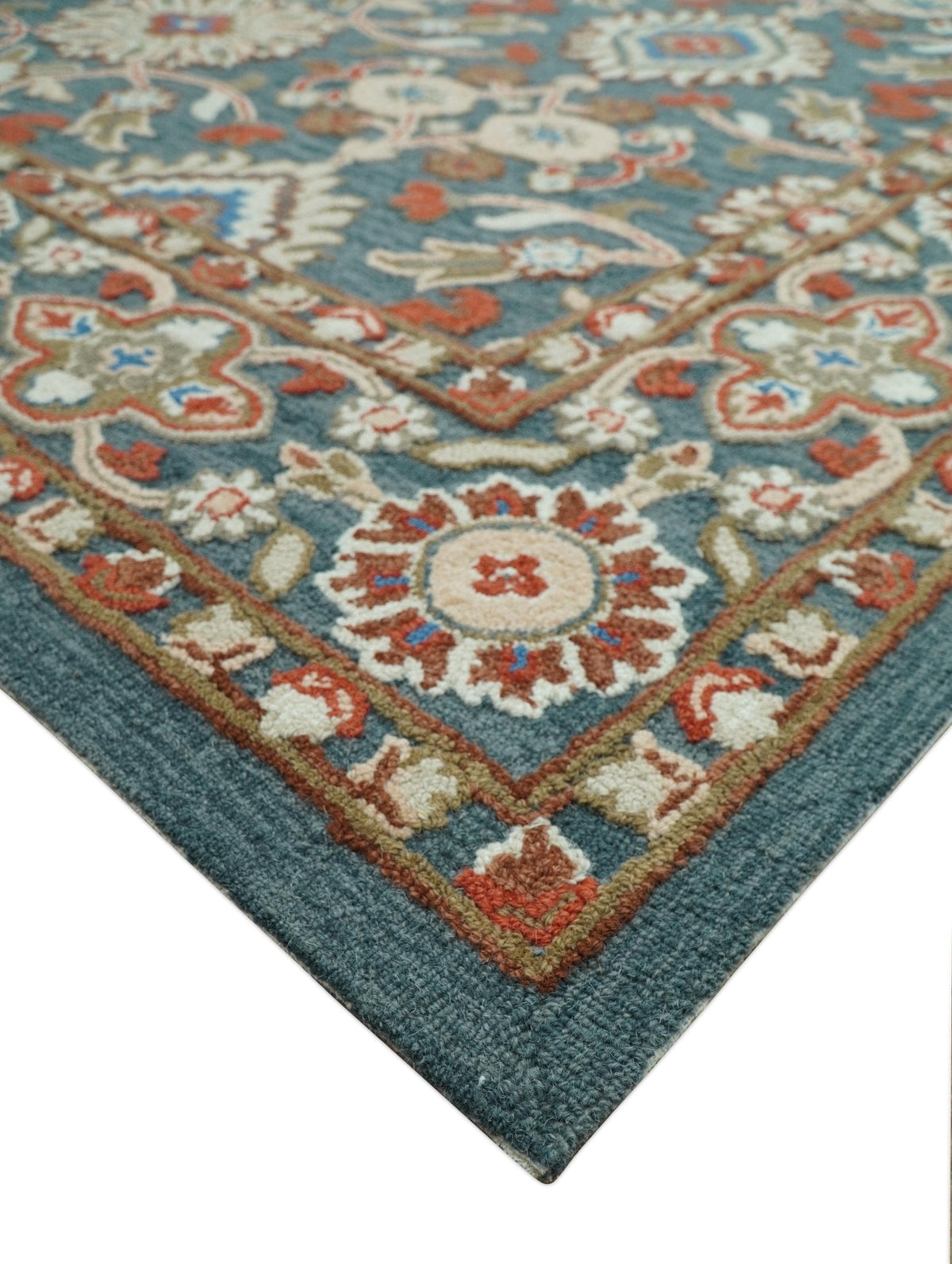 Custom Made Traditional Persian Design Silver, Blue And Rust Hand Tufted Wool Area Rug.