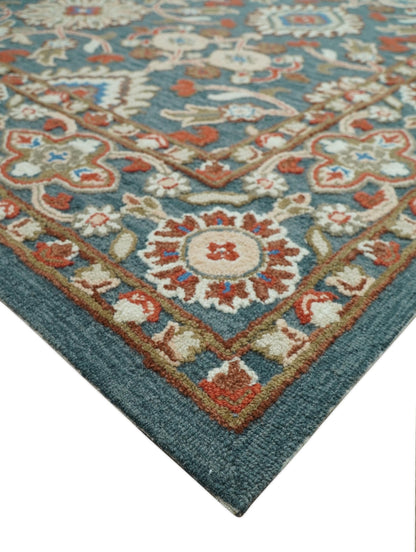 Custom Made Traditional Persian Design Silver, Blue And Rust Hand Tufted Wool Area Rug.