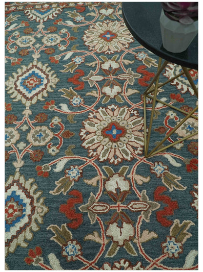 Custom Made Traditional Persian Design Silver, Blue And Rust Hand Tufted Wool Area Rug.