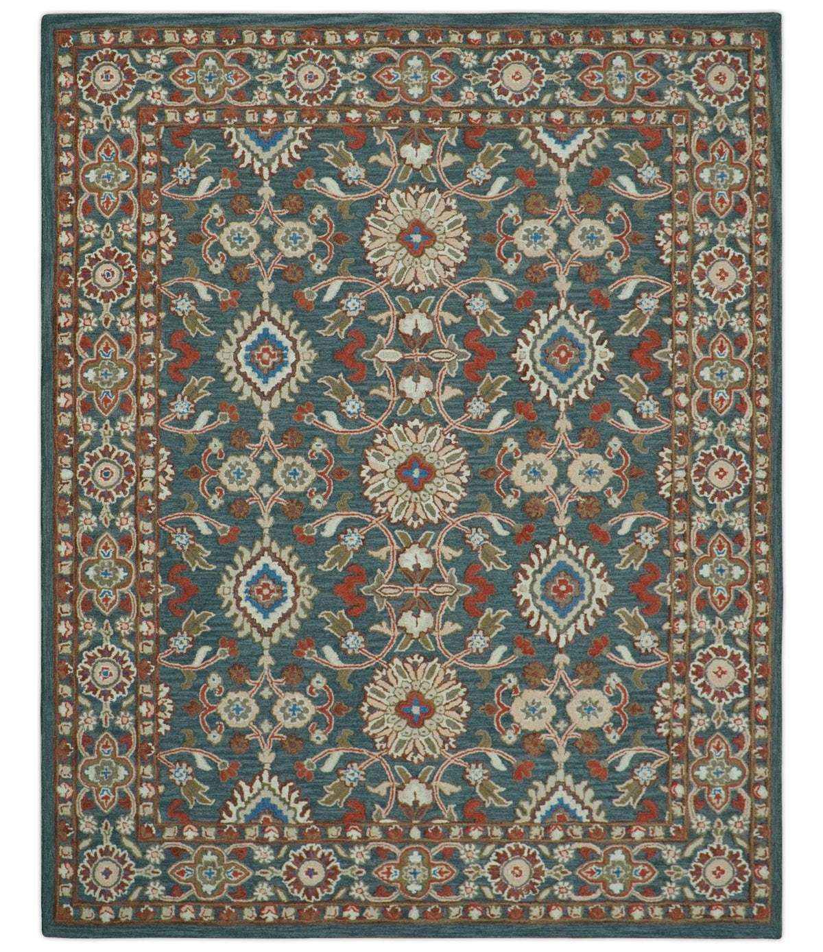 Custom Made Traditional Persian Design Silver, Blue And Rust Hand Tufted Wool Area Rug.