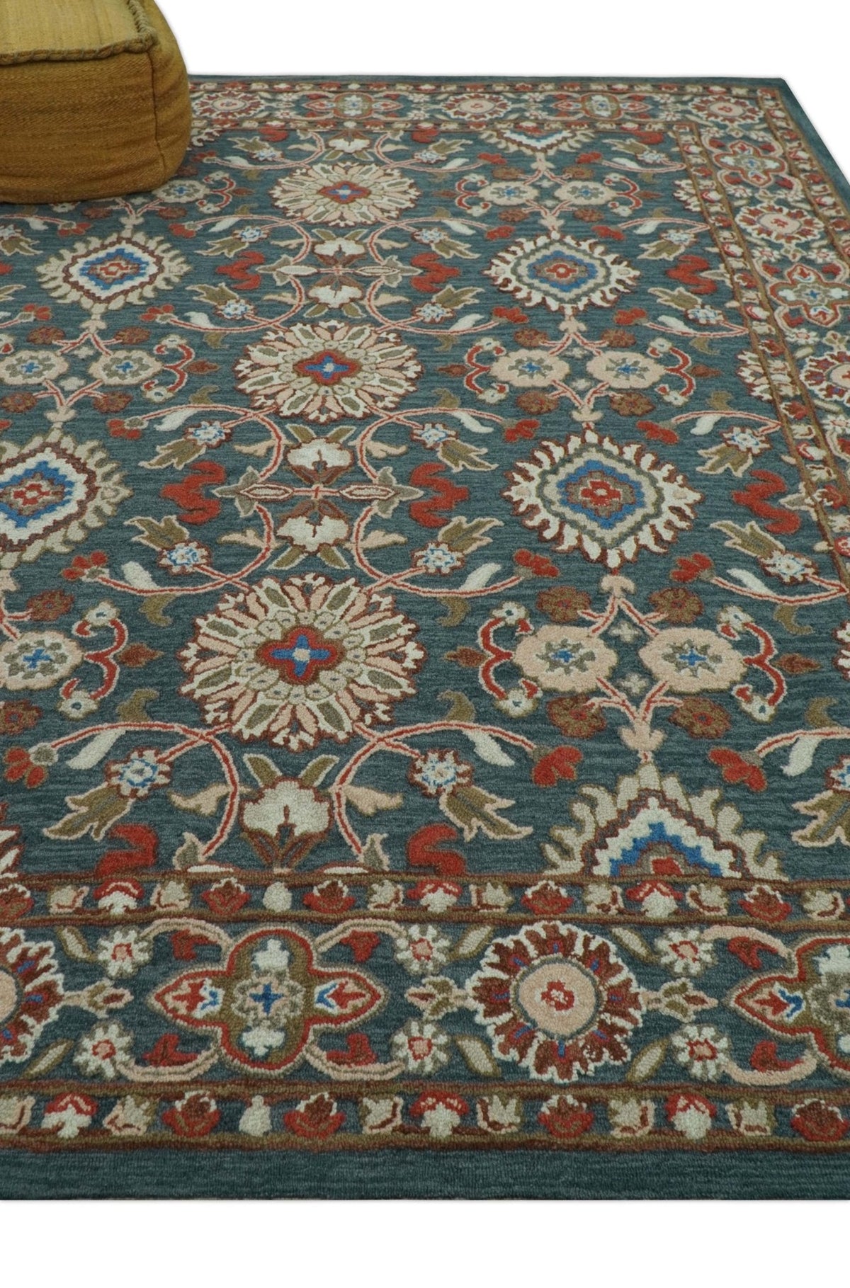 Custom Made Traditional Persian Design Silver, Blue And Rust Hand Tufted Wool Area Rug.