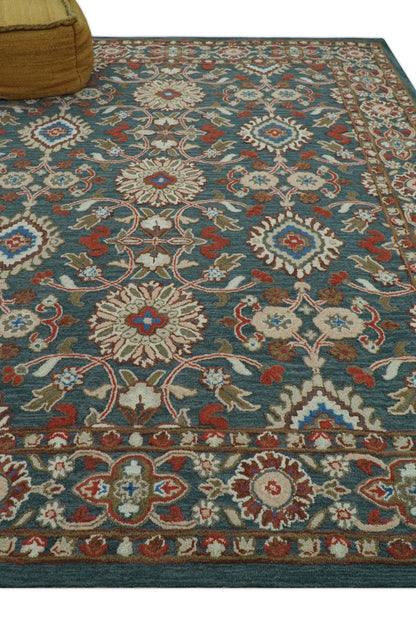 Custom Made Traditional Persian Design Silver, Blue And Rust Hand Tufted Wool Area Rug.