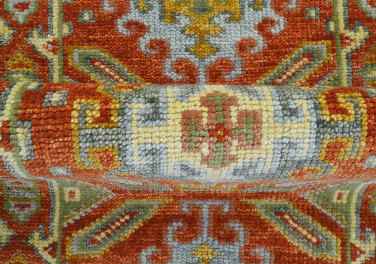 Custom Made Traditional Rust And Green Hand Knotted Runner Wool Rug.