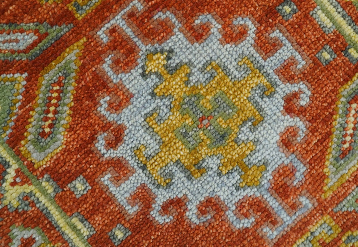 Custom Made Traditional Rust And Green Hand Knotted Runner Wool Rug.