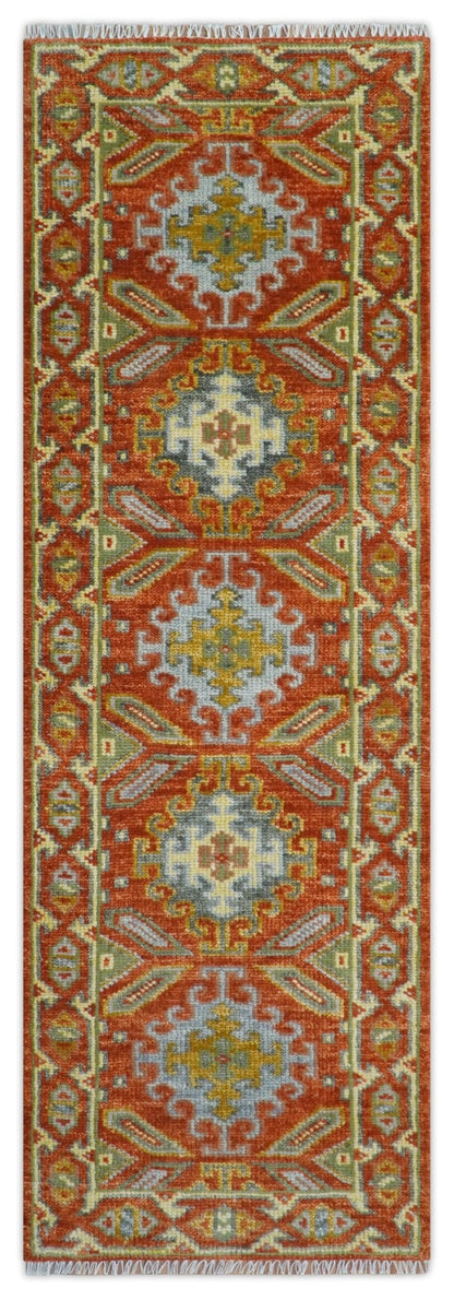 Custom Made Traditional Rust And Green Hand Knotted Runner Wool Rug.