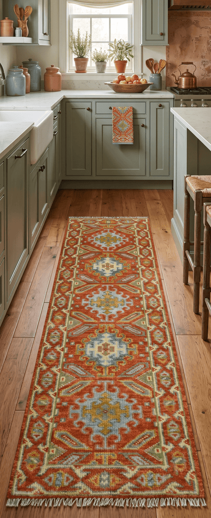 Custom Made Traditional Rust And Green Hand Knotted Runner Wool Rug.
