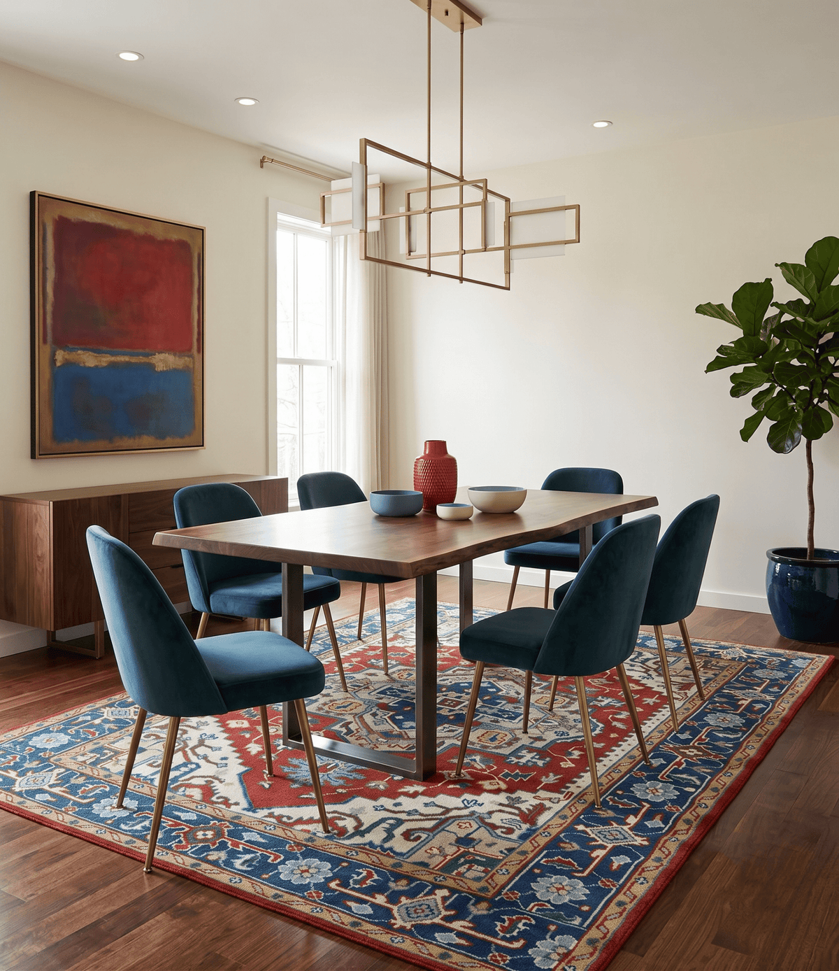 Custom Made Traditional Rust, Ivory and Blue Heriz Medallion Wool Area Rug.