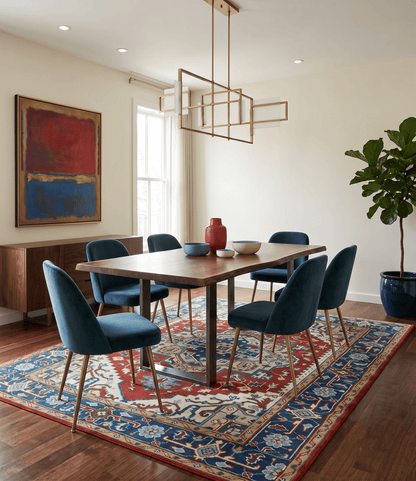 Custom Made Traditional Rust, Ivory and Blue Heriz Medallion Wool Area Rug.