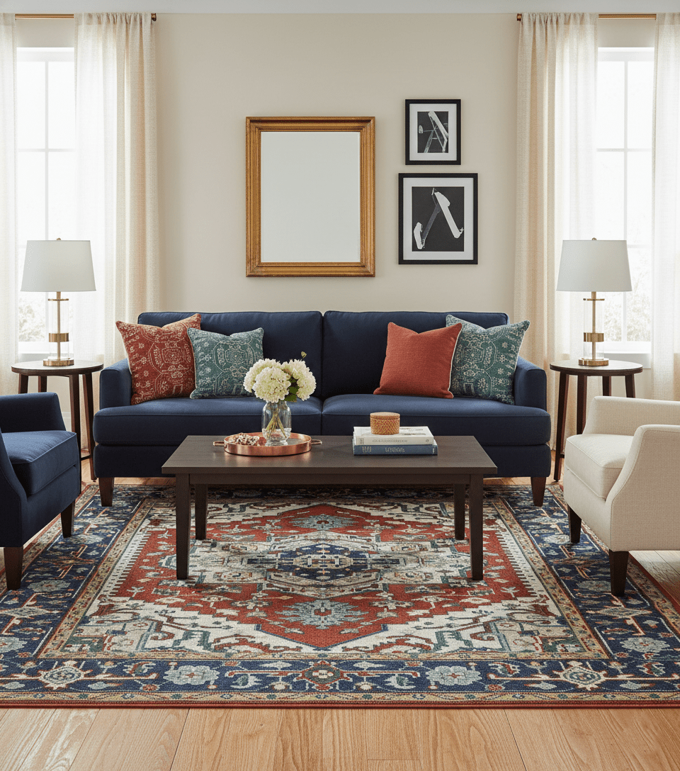 Custom Made Traditional Rust, Ivory and Blue Heriz Medallion Wool Area Rug.