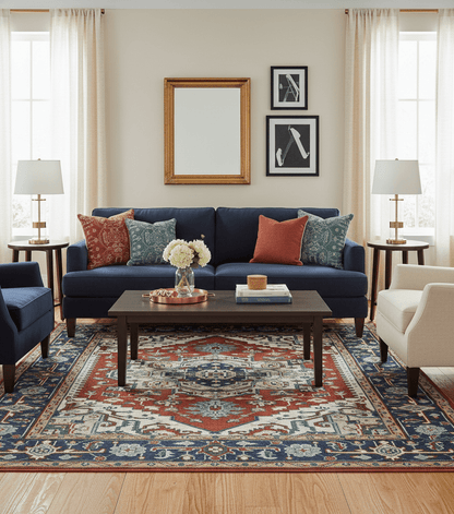 Custom Made Traditional Rust, Ivory and Blue Heriz Medallion Wool Area Rug.