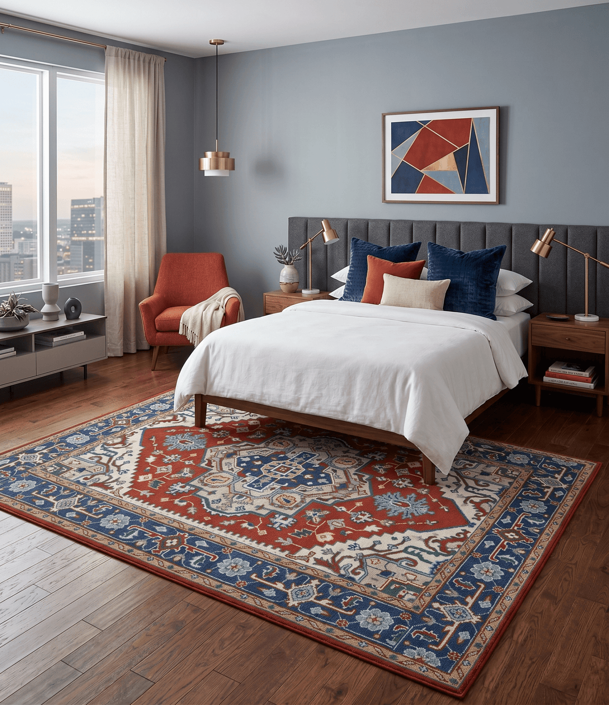 Custom Made Traditional Rust, Ivory and Blue Heriz Medallion Wool Area Rug.