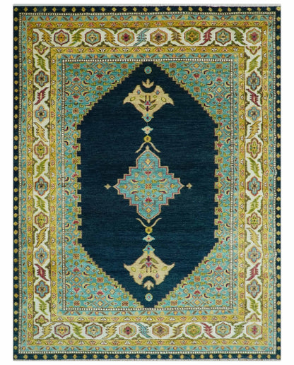 Custom Made Traditional Serapi Design Blue And Mustard Hand Knotted Wool Rug.