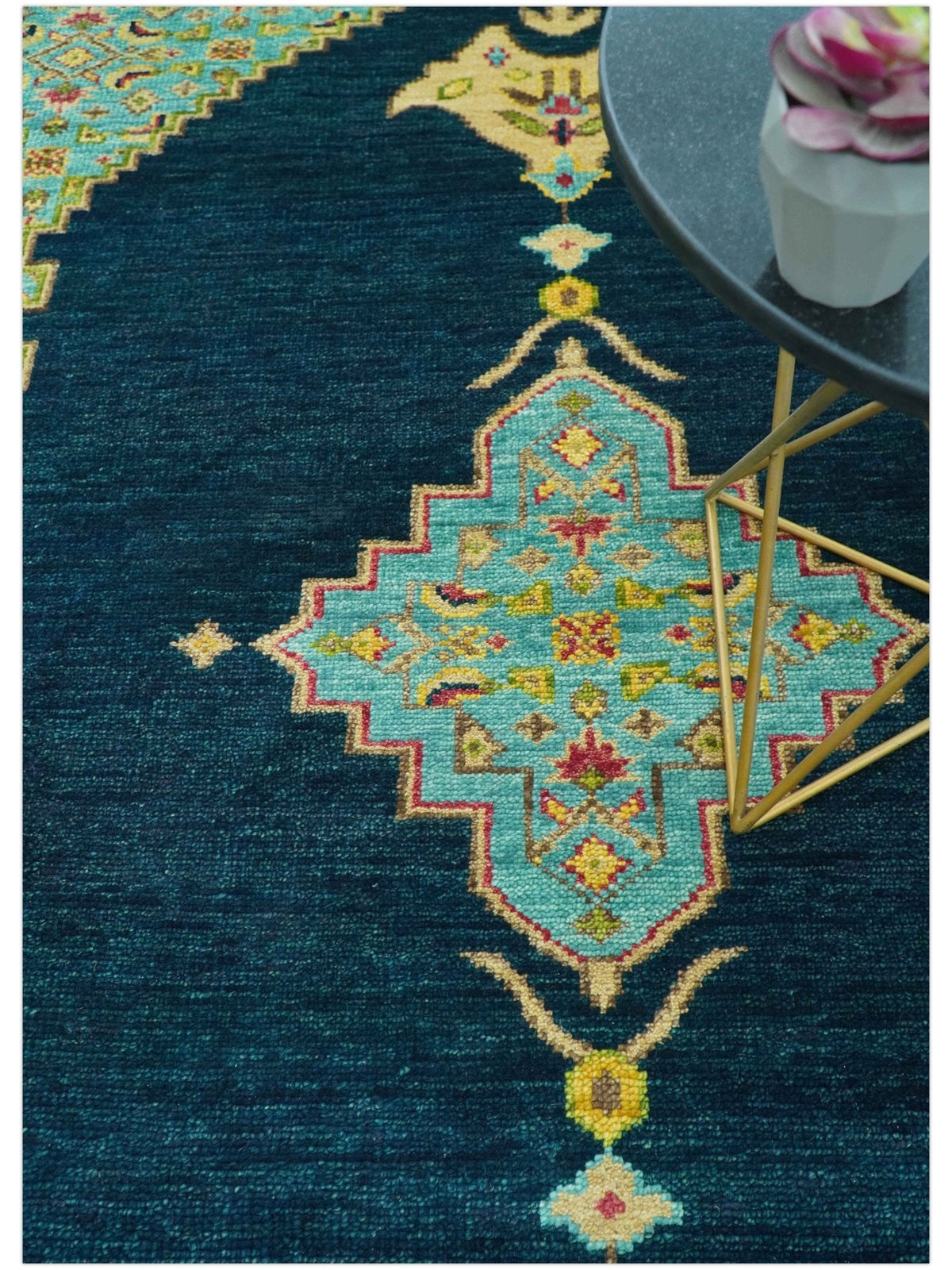 Custom Made Traditional Serapi Design Blue And Mustard Hand Knotted Wool Rug.
