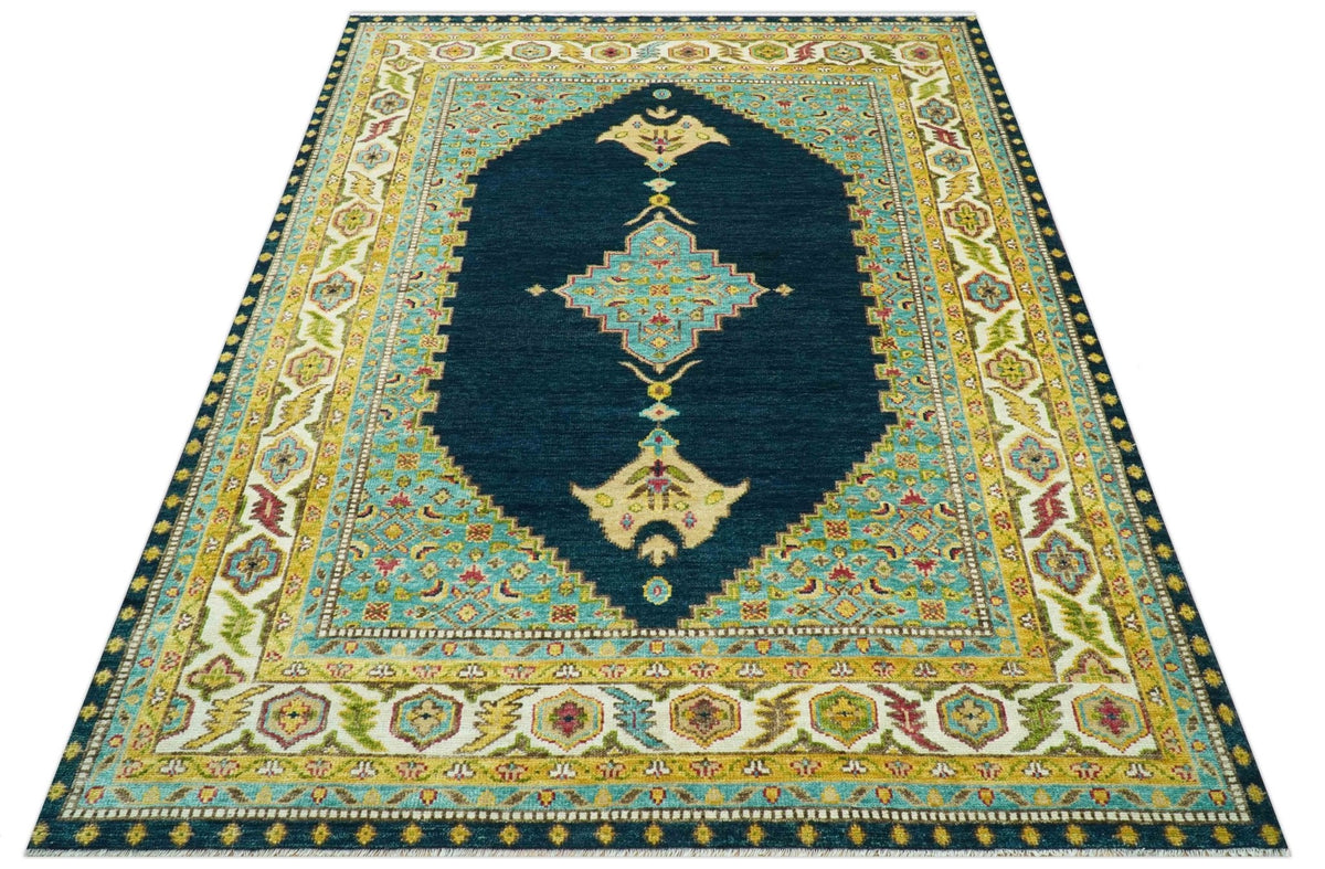 Custom Made Traditional Serapi Design Blue And Mustard Hand Knotted Wool Rug.