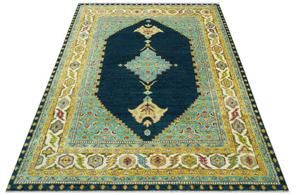 Custom Made Traditional Serapi Design Blue And Mustard Hand Knotted Wool Rug.