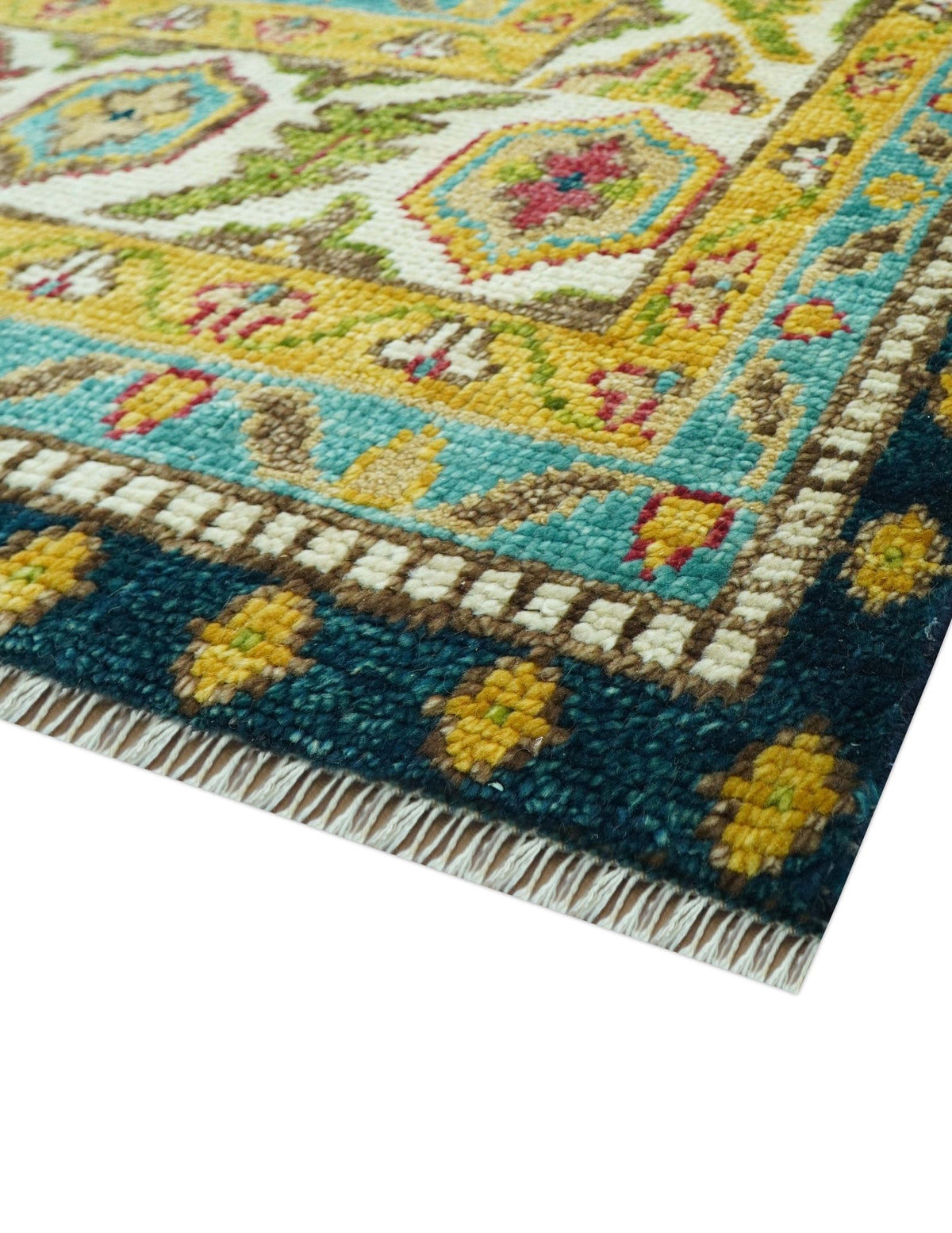 Custom Made Traditional Serapi Design Blue And Mustard Hand Knotted Wool Rug.