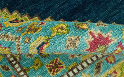 Custom Made Traditional Serapi Design Blue And Mustard Hand Knotted Wool Rug.