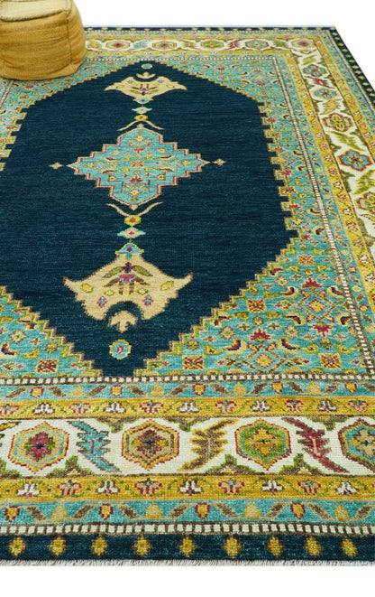 Custom Made Traditional Serapi Design Blue And Mustard Hand Knotted Wool Rug.