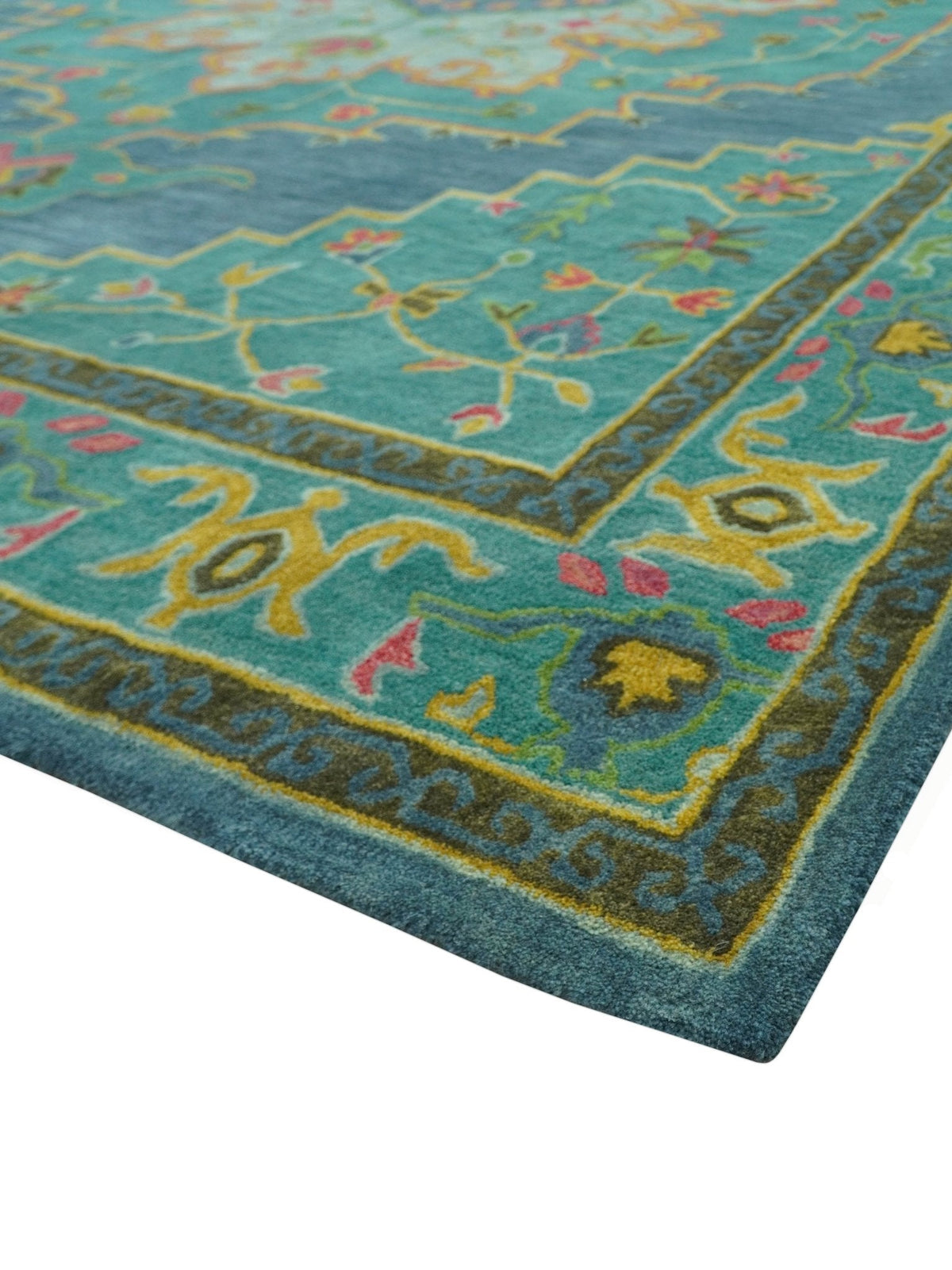 Custom Made Traditional Serapi Design Blue And Yellow Hand Tufted Wool Rug.