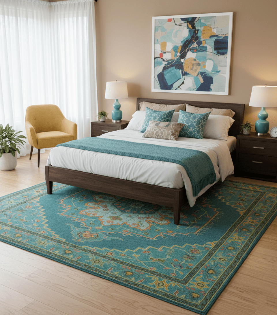 Custom Made Traditional Serapi Design Blue And Yellow Hand Tufted Wool Rug.