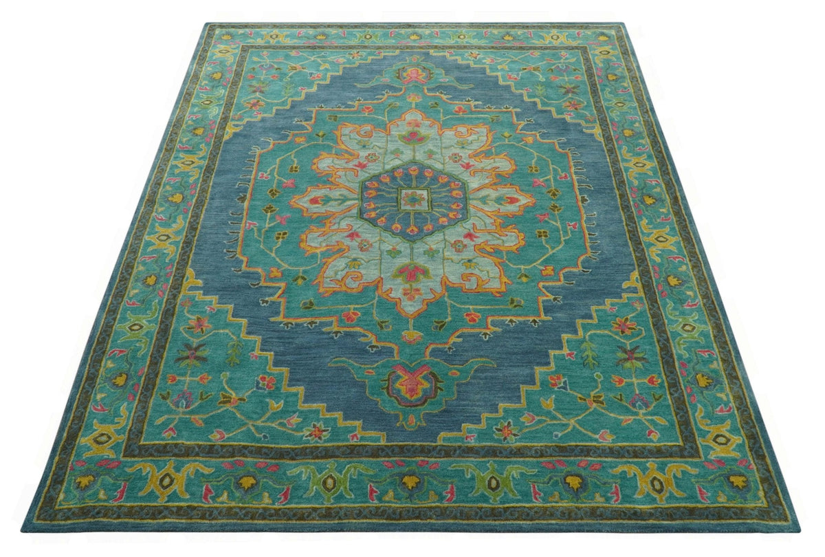 Custom Made Traditional Serapi Design Blue And Yellow Hand Tufted Wool Rug.