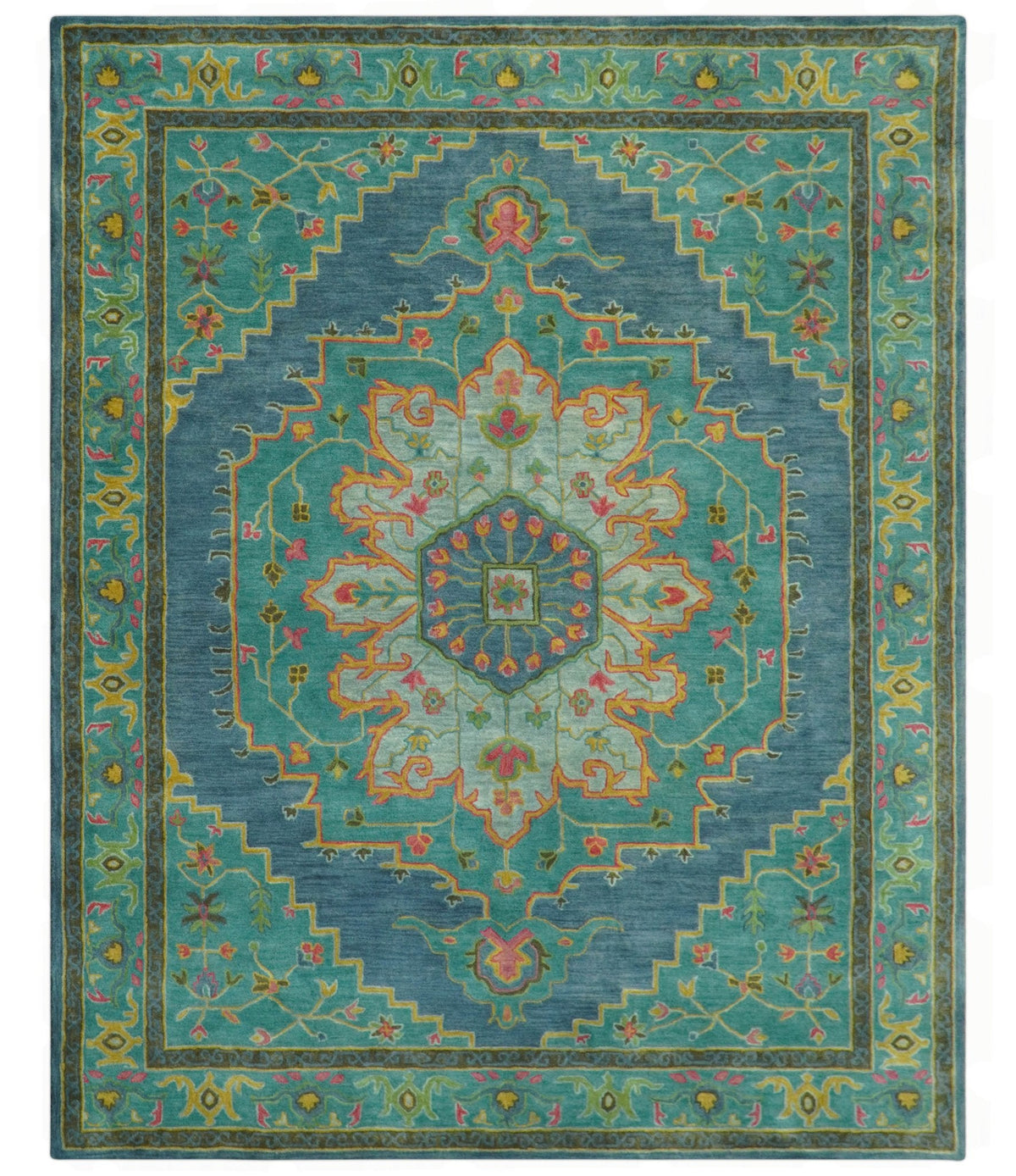 Custom Made Traditional Serapi Design Blue And Yellow Hand Tufted Wool Rug.