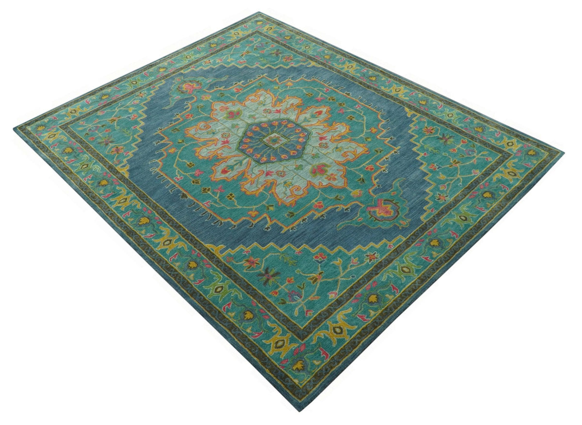 Custom Made Traditional Serapi Design Blue And Yellow Hand Tufted Wool Rug.