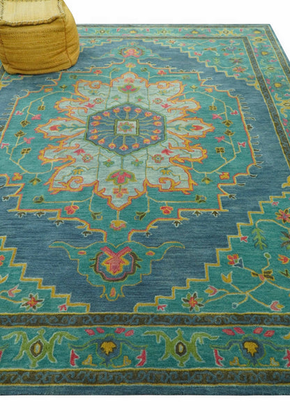 Custom Made Traditional Serapi Design Blue And Yellow Hand Tufted Wool Rug.