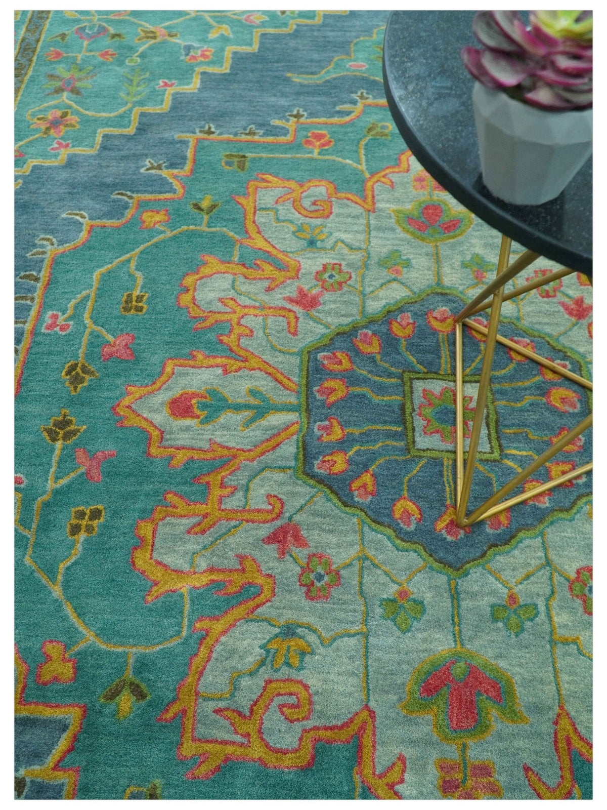 Custom Made Traditional Serapi Design Blue And Yellow Hand Tufted Wool Rug.