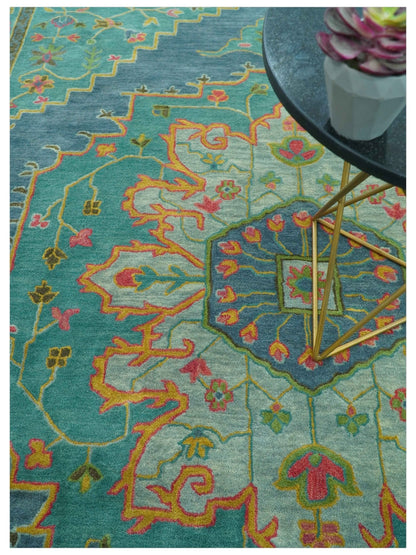 Custom Made Traditional Serapi Design Blue And Yellow Hand Tufted Wool Rug.