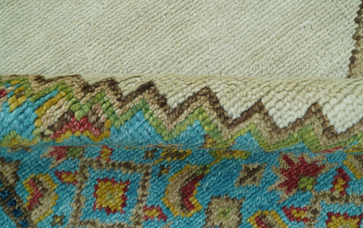 Custom Made Traditional Serapi Design Ivory And Blue Hand Knotted Wool Rug.