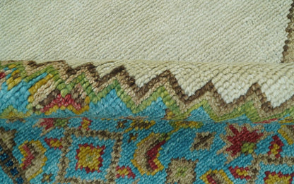 Custom Made Traditional Serapi Design Ivory And Blue Hand Knotted Wool Rug.