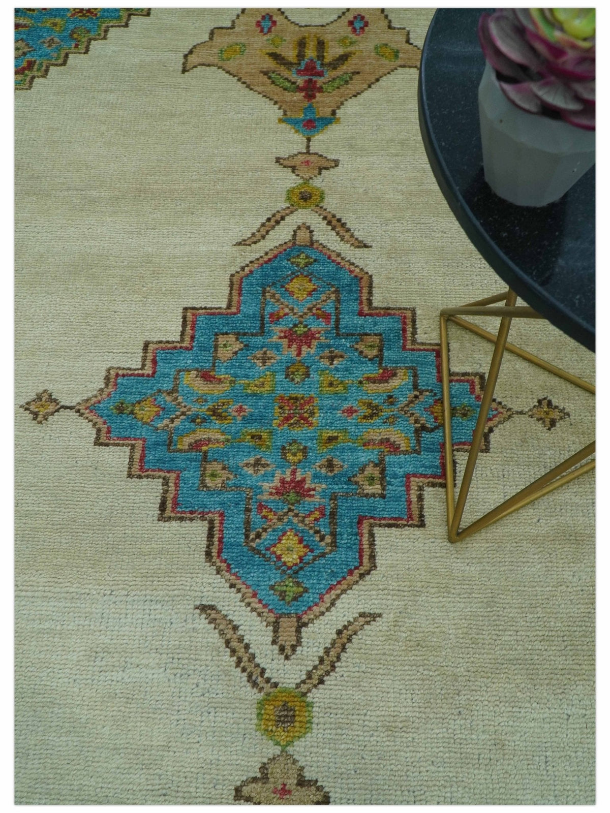 Custom Made Traditional Serapi Design Ivory And Blue Hand Knotted Wool Rug.