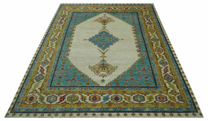 Custom Made Traditional Serapi Design Ivory And Blue Hand Knotted Wool Rug.