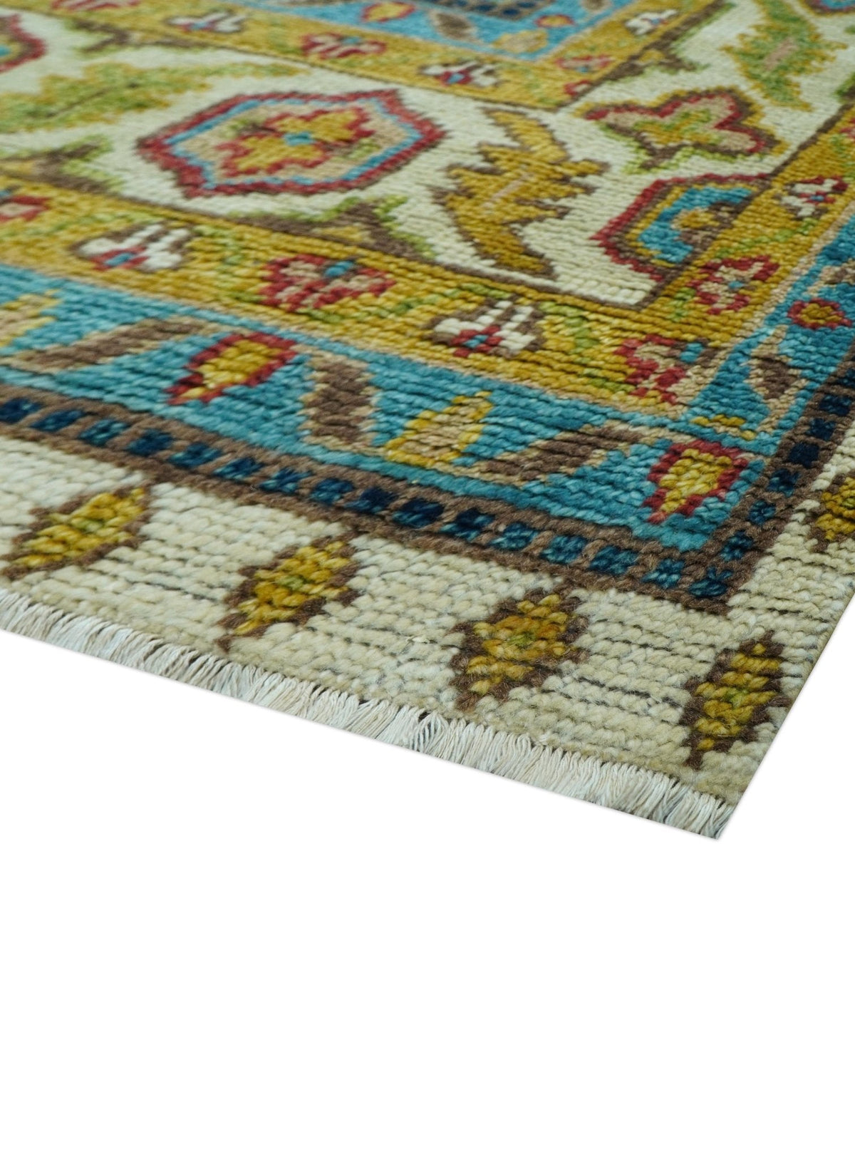 Custom Made Traditional Serapi Design Ivory And Blue Hand Knotted Wool Rug.