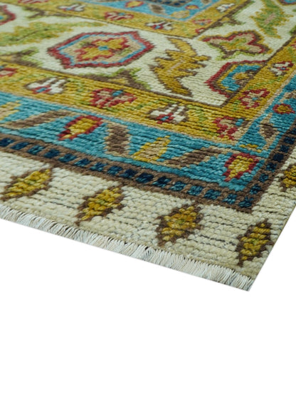 Custom Made Traditional Serapi Design Ivory And Blue Hand Knotted Wool Rug.