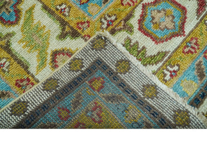 Custom Made Traditional Serapi Design Ivory And Blue Hand Knotted Wool Rug.