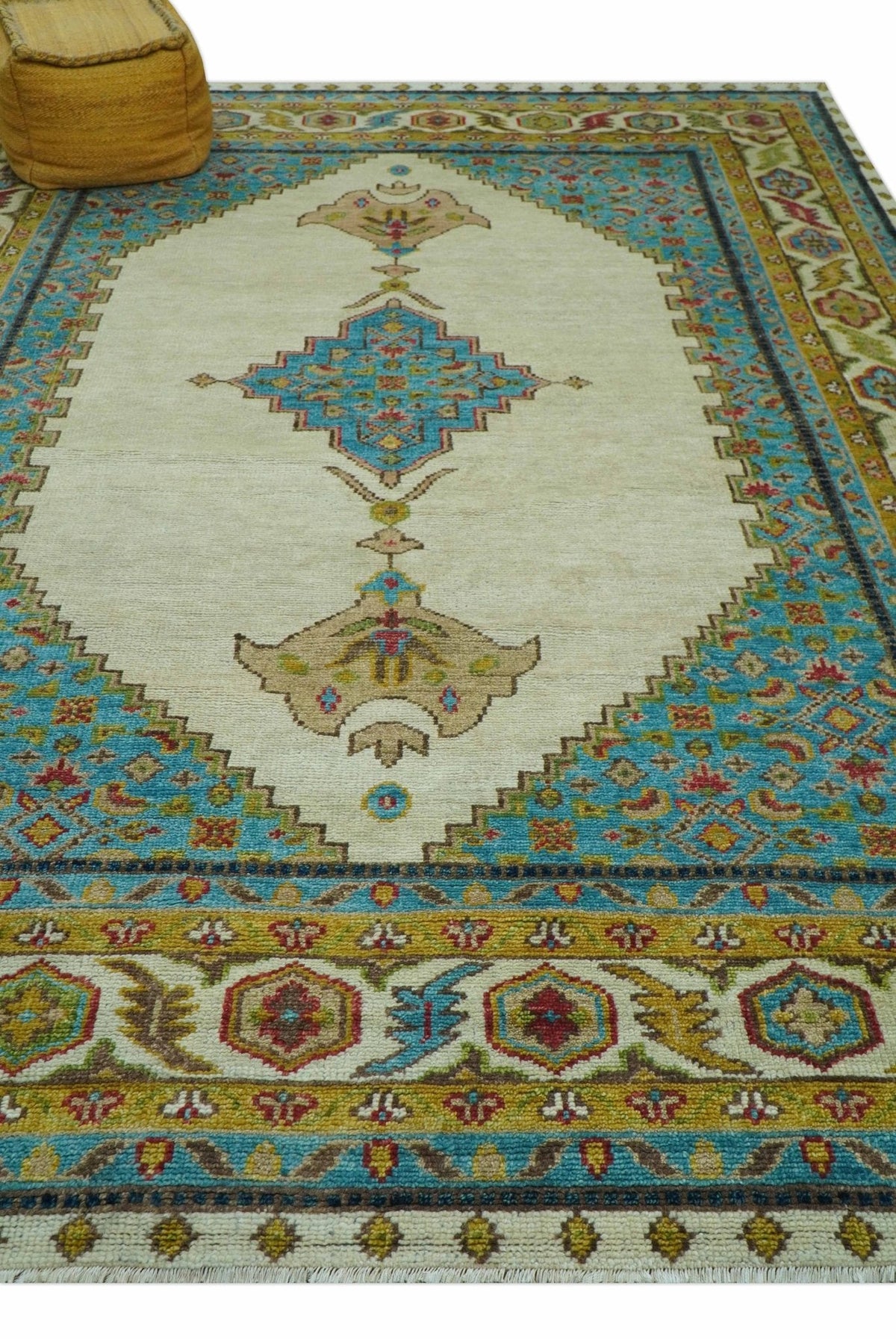 Custom Made Traditional Serapi Design Ivory And Blue Hand Knotted Wool Rug.