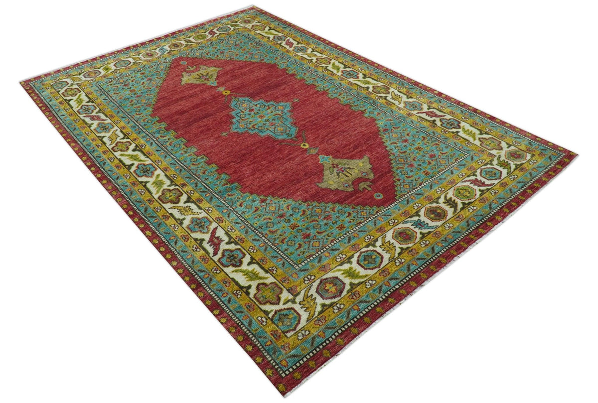 Custom Made Traditional Serapi Red And Blue Hand Knotted Wool Rug.