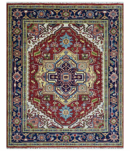 Custom Made Traditional Serapi Rust And Blue Hand Knotted wool area rug.